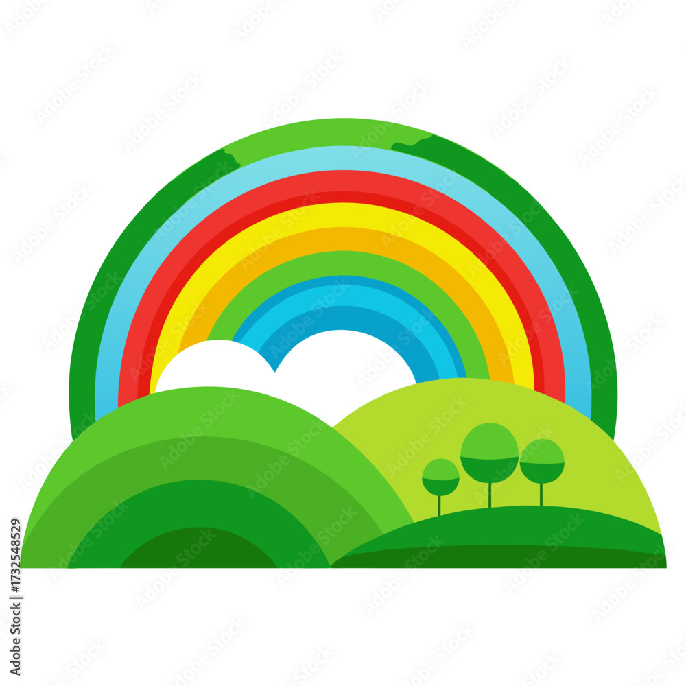 Obraz premium Vibrant rainbow arcs over rolling green hills with stylized trees, a symbol of hope, nature, and new beginnings for diverse creative projects