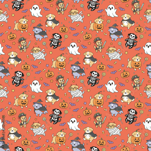 Happy halloween party seamless pattern background with cute puppy dog wearing halloween costume, smiling pumpkin and spooky bat. Holidays cartoon character. -Vector