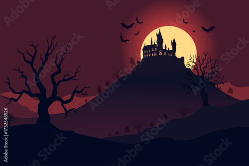 Gothic Vampire Castle Silhouette on Hilltop with Full Moon and Bats