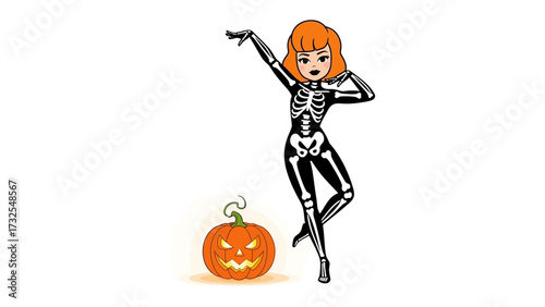 Halloween Skeleton Costume with Pumpkin: A young woman in a detailed skeleton costume strikes a pose near a glowing jack-o'-lantern. a classic blend of spooky and fun.