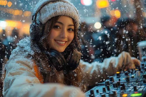 Woman in headphones playing music in the snow.