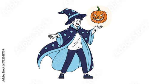 Halloween Wizard and Illuminated Pumpkin: A charming illustration showcases a young wizard, clad in a starry cloak and hat, conjuring a glowing jack-o'-lantern with an eerie smile.