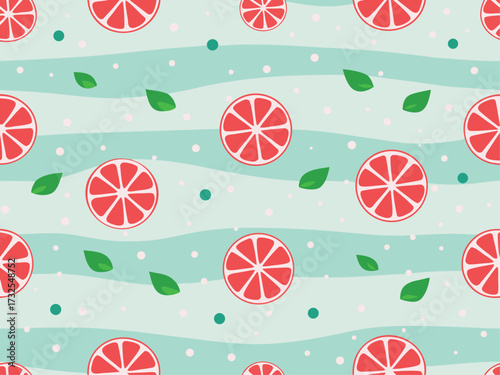 Seamless pattern of colorful citrus fruit slices on a striped background