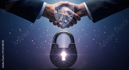 Business security with strong padlock and successful handshake against futuristic backdrop. Business security deal shown with handshake between partners, shield for data protection,
