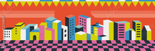 This colorful city skyline illustration features a modern and playful design with bold geometric shapes and vibrant colors, creating a lively urban atmosphere.