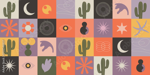 This vibrant artwork features abstract shapes combined with cacti, moons, and enchanting motifs, creating a visually striking and playful composition for modern decoration.
