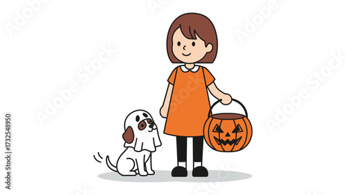 Halloween Fun: A charming illustration captures the essence of Halloween with a child in an orange dress and a cute dog in a ghost costume, both ready for trick-or-treating with a carved pumpkin pail.