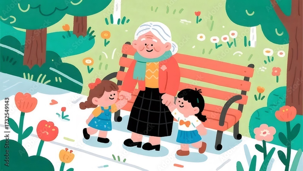 Fototapeta premium 公園にいる祖母と孫娘たち