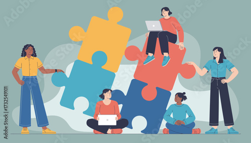 This illustration portrays a diverse group of individuals working together, showcasing teamwork and collaboration in solving a puzzle, emphasizing connection and unity.