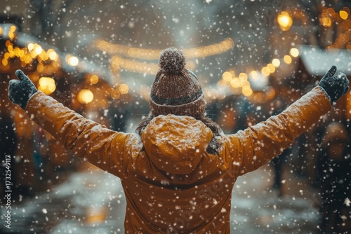 Person in yellow jacket and black boots standing in snow.
