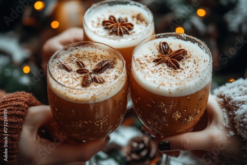 glasses of beer with cinnamon and star anise.