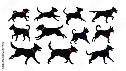 Dynamic Dog Silhouettes in Action: Energetic dog silhouettes capturing the essence of movement and agility, each one adorned with a vibrant collar, perfect for designs celebrating pets.