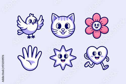 This playful collection of cartoon symbols showcases delightful icons like a bird, cat, flower, hand, sun, and heart, embodying themes of joy, friendship, and creativity.