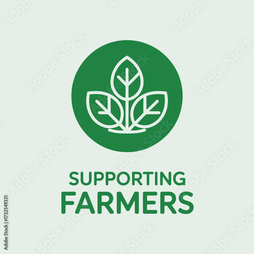 This image presents an illustrative green circular logo with detailed leaves, emphasizing the commitment to supporting farmers and promoting sustainable agricultural practices.