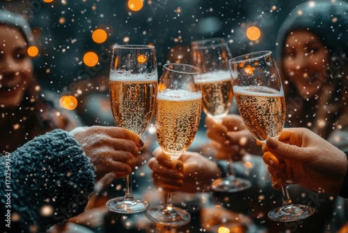 People toasting champagne glasses with sparkling bubbles.