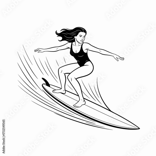 A graceful female surfer expertly rides a smooth wave, demonstrating poise and control. The flowing motion and beautiful curves reflect the art of surfing in an elegant manner.