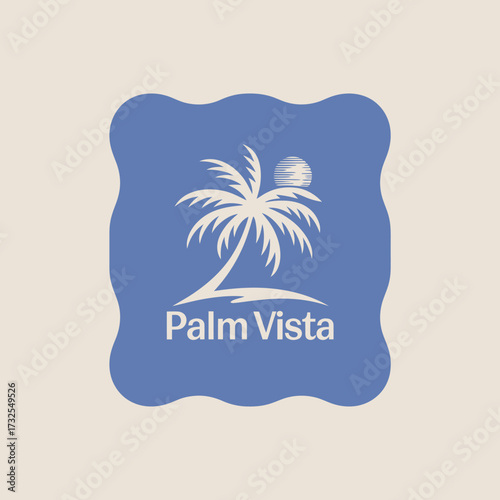 A minimalistic logo design featuring palm trees with a beautiful sunset, representing a tropical paradise theme for the Palm Vista brand. Elegance and tranquility shine through.