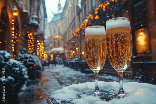 glasses of champagne on a snowy day.