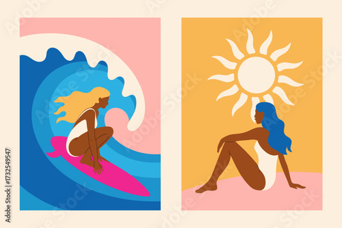 A colorful artwork showcasing a surfer riding waves on one side and a sunbather on the other, capturing the lively essence of beach life and summer enjoyment.