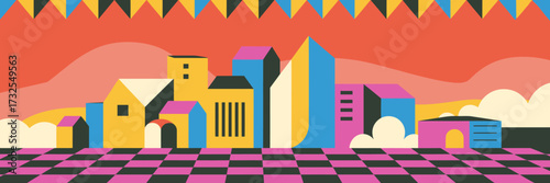 This vibrant cityscape features geometric shapes in various colors, complemented by clouds, evoking a playful and imaginative urban environment for creativity.