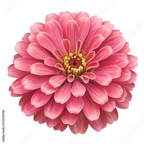 Detailed watercolor zinnia flower with layered petals and golden center isolated on white background