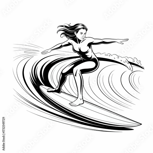 A skilled surfer is captured in action on a powerful wave, displaying incredible technique. The moment is filled with energy, highlighting the symbiotic relationship with the ocean.