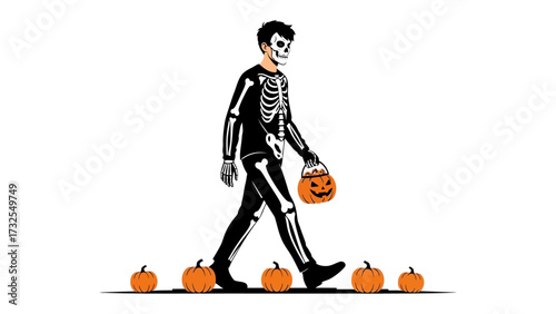 A Spooky Stroll: A person in a skeleton costume walks along a line of pumpkin. The image captures the essence of spooky Halloween spirit and fun.