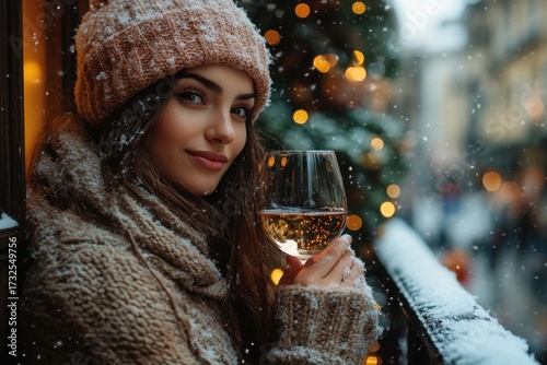 Woman holding wine glass in snow.