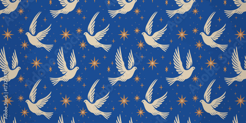 An artistic pattern featuring flying doves and twinkling stars, embodying the themes of peace, hope, and serenity against a deep blue backdrop.
