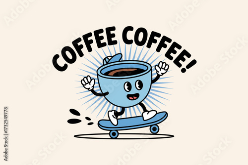 This colorful and lively illustration features a coffee cup on a skateboard, radiating joy and capturing the essence of an energetic lifestyle. Ideal for quirky imagery.