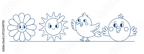 This delightful black and white illustration showcases playful floral and fauna characters, including a smiling flower, sun, and bird, creating a cheerful and whimsical scene for children.