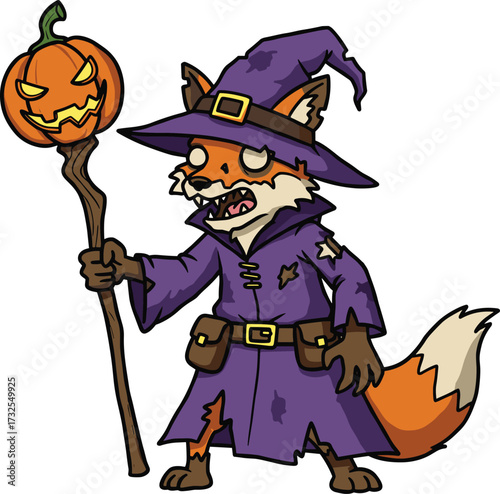 Anthropomorphic Fox Wizard in Tattered Robe Holding Jack-o'-Lantern Staff for Halloween Fantasy Vector IllustrationAnthropomorphic Fox Wizard in Tattered Robe Holding Jack-o'-Lantern 