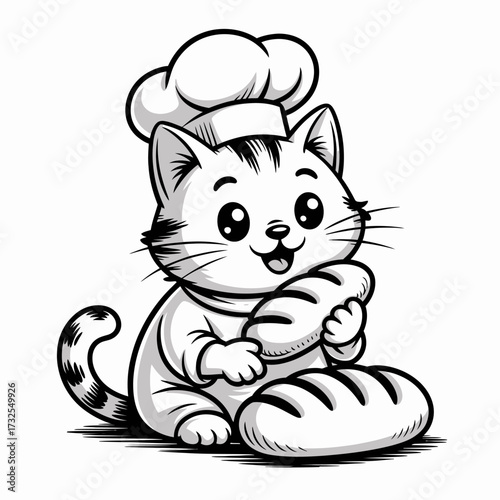 This adorable cat chef holds freshly baked bread, symbolizing warmth, joy, and culinary creativity, perfect for conveying the charm of cooking and baking passion.