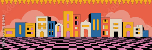 This artwork presents a stylized view of a lively city with varied building shapes and bright colors, inviting viewers to explore a vibrant urban experience.
