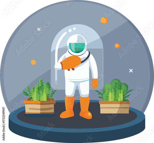 Vector cartoon illustration of a businessman worker man watering plants in a garden, representing money and business growth