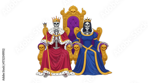 Skeletal Royalty: A royal skeleton king and queen sit on a gothic throne, their skeletal forms adorned in regal garments and crowns, a chilling image of authority and power.