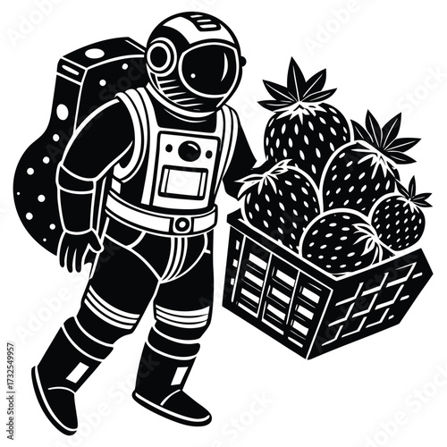 Vector astronaut carrying hydroponic strawberries in space station