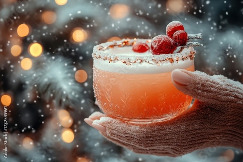 Person holding cocktail glass with raspberry garnish.