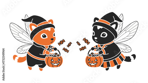 Halloween Fae Exchange: Delightful animated characters, dressed in classic Halloween attire and adorned with whimsical wings, exchange sweet treats. A charming scene of festive fun.
