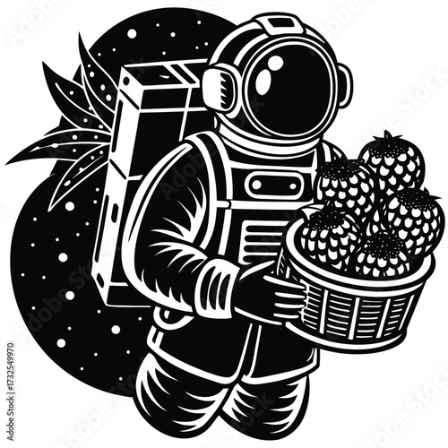 astronaut carrying hydroponic strawberries in space station