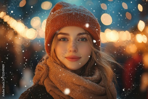 Woman in hat and scarf in snowy weather.