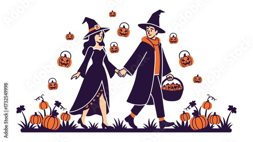 Halloween Stroll: A witchy couple, hand in hand, joyfully embraces the enchanting atmosphere of Halloween, framed by a charming array of pumpkins and whimsical decorations.
