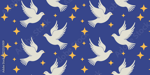 This seamless design features white doves gracefully flying amidst twinkling stars, representing peace, hope, and the beauty of freedom against a rich blue backdrop.