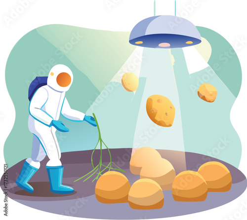 Vector astronaut examining plant roots with futuristic scanner