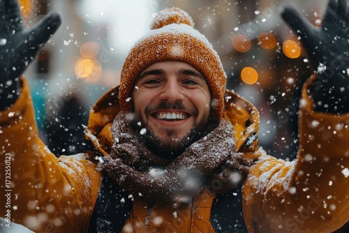 Man in yellow jacket and hat smiles, hands in the air.