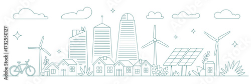 An illustrative eco-city featuring modern architecture, solar panels, and wind turbines surrounded by cozy homes, depicting sustainable urban living in harmony with nature.