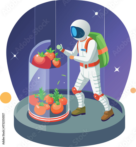 Vector astronaut harvesting tomatoes inside glowing biodome