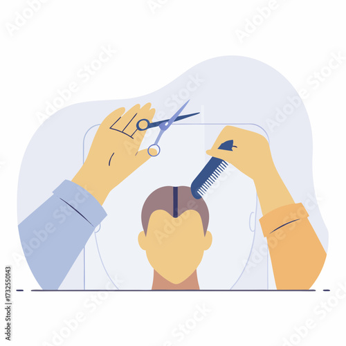 Hairdresser cutting hair using scissors and comb in salon setting  