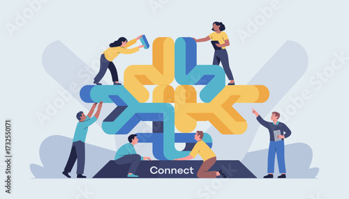 This illustration showcases a team of individuals interacting with large, stylized puzzle shapes, emphasizing the theme of connection and collaboration in a visually engaging manner.