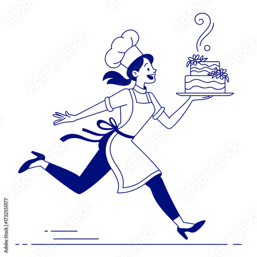 A joyful baker in a chef's hat runs while proudly holding a decorated cake, embodying the spirit of celebration and the joy of baking delicious treats for any occasion.